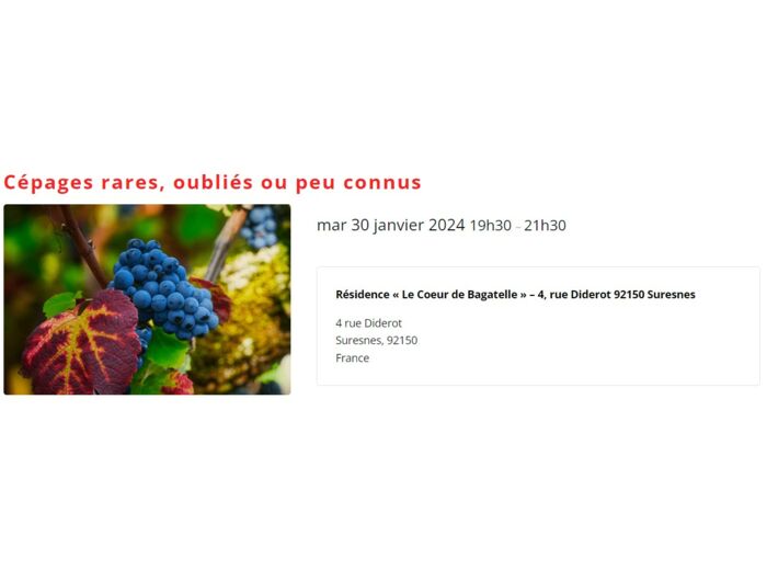 Cours d'oenologie à Suresnes - "Cépages rares, oubliés ou peu connus" (30 janvier 2024)