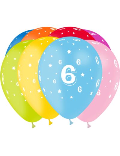 8 Ballons Serigraphie Chiffre "6" 28-30Cm "Coloris Assortis" -Decoration-Ballon-Anniversaire-