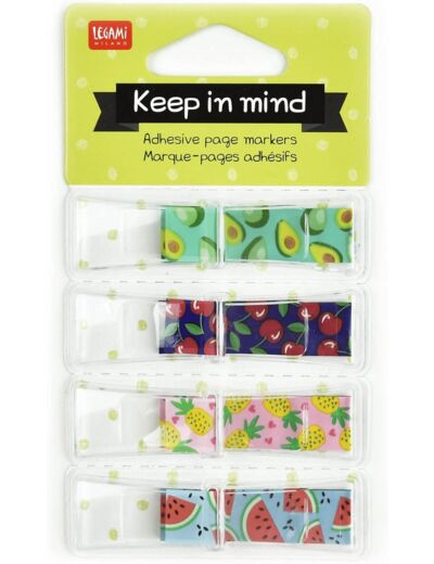 Legami - Keep in Mind - Marque-pages adhésifs, thème Fruits, 7 x 8,4 cm, 30 feuillets adhésifs par couleur, 4 blocs de 30 feuillets autocollants et repositionnables Taille S Fruits